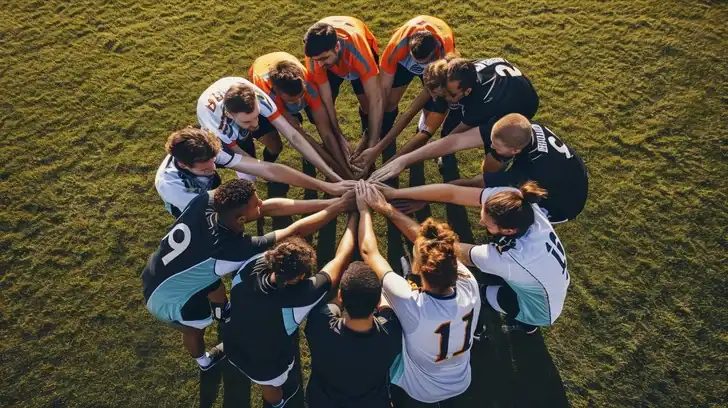 team of people in a huddle showing teamwork
